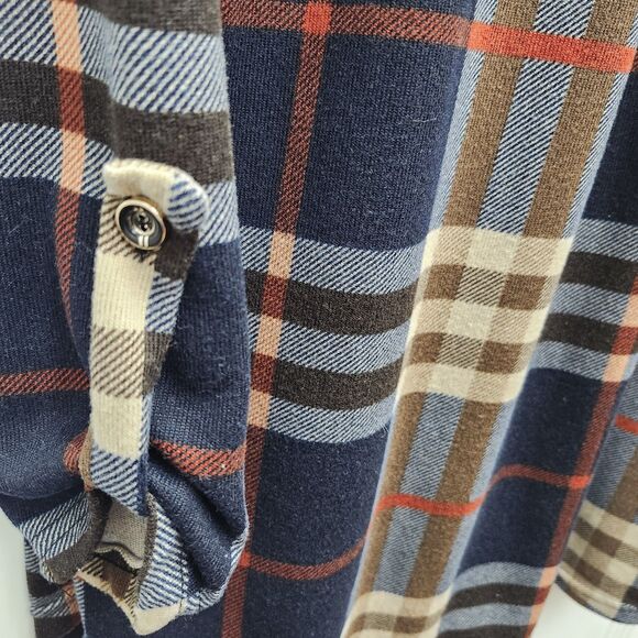 WinWin Button Sleeve Tunic Top Shirt Womens L-XL Blue Brown Plaid V-Neck Casual - Picture 4 of 9